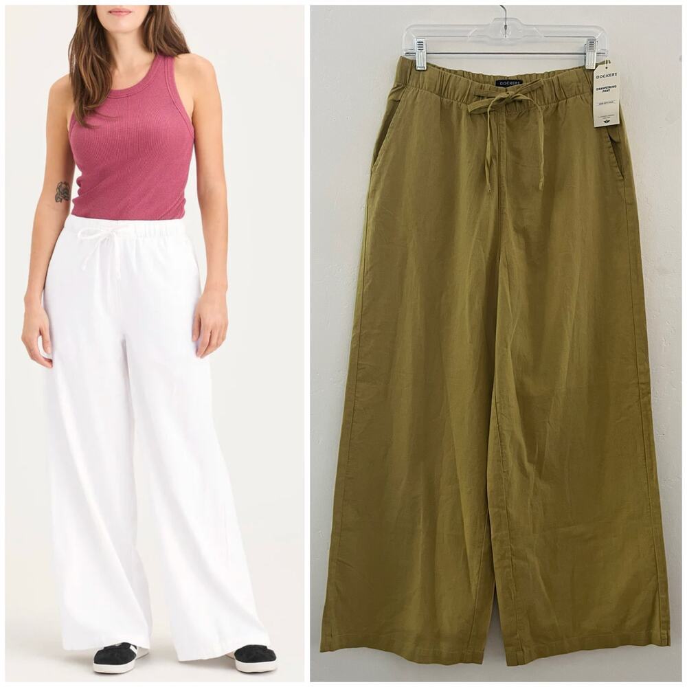 Dockers Drawstring Pant Women's M Green Cotton Linen Wide Leg Resortwear NEW